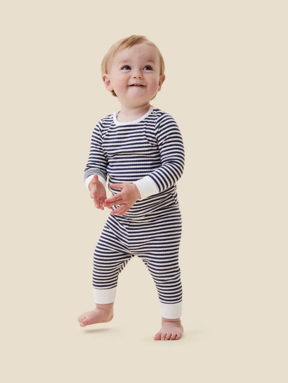 Baby Mori Navy Stripe Bamboo Cotton Ribbed Two Piece Pajama Set - Size 3-4Y